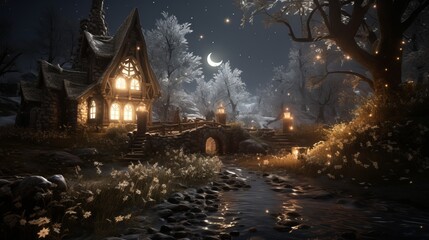 Captivating Winter Night with Sparkling Snowflakes Illuminating the Cozy Landscape