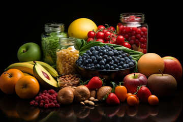 Frutas frescas tropicales, frutos rojos, frutos cítricos.