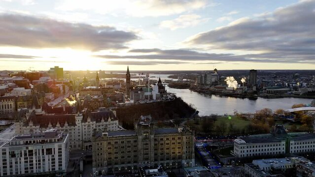 Stunning aerial video showing Parliament Hill, Chateau Laurier, the Ottawa River and more, with a stunning golden sunset, and light snow