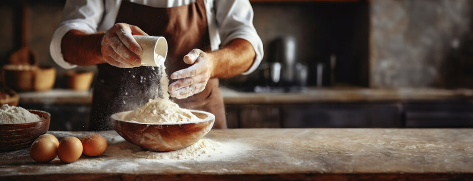 Artisanal Bread Making. A Baker's Craft in the Kitchen. A baker pours flour on a wooden surface, preparing dough amidst rustic kitchen surroundings