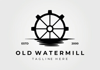 old water mill at a river illustration logo vector vintage icon design