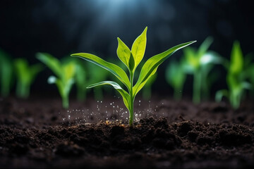 Corn seedlings are growing from fertile soil - obrazy, fototapety, plakaty