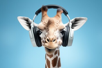Content girafe with headphones, lost in the world of music.
