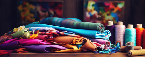 colored bright fabric. detail of sewing color material like fabric, cotton, spool of thread.