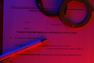 District court warrant for the arrest of a witness in a civil action papers with handcuffs and blue...
