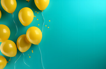 Yellow Party Balloons on a Vibrant Turquoise Backdrop with Room for Text