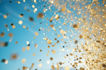 Gold confetti on blue sky background