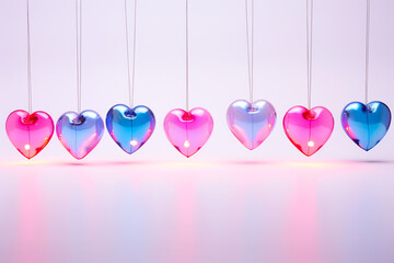 Fototapeta premium Romantic background with crystal hearts. Happy Valentine's Day cute banner, poster, card or web background. Love, harmony and special bond themed design in pink and blue hues.