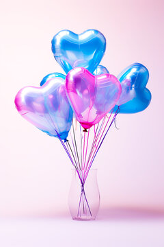 Romantic background with heart balloons . Happy Valentine's Day cute banner, poster, card, web background. Love, harmony and special bond themed design in pink and blue hues for party and celebration