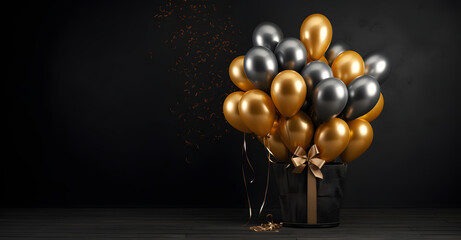 Golden and Black Balloons and a present on a Mysterious Dark Background with Text Space
