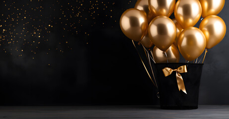Gold Party Balloons on Dark Canvas with Text Area