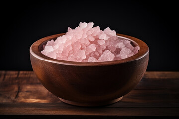 Fototapeta na wymiar Pink salt in a wooden bowl, placed on a black wood, salt top view