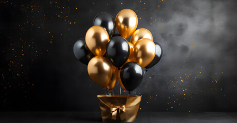 Luxurious Black and Golden Balloons on a Dark Background with Space for Message