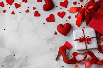 Elegant red high heels beside a wrapped gift and scattered hearts on a marble background, symbolizing Valentine's Day romance.