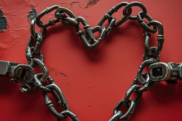 Heartfelt Power: A heart-shaped metal chain connected by jumper cable clamps on a vivid red background, conveying the idea of love as a potent and energizing force