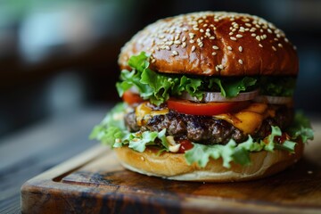 Burger Perfection: A classic-style hamburger with a sesame seed bun, meticulously arranged with fresh lettuce, cheese, a succulent beef patty, onions, and possibly tomato