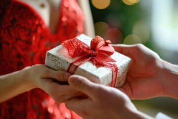 An intimate gift exchange unfolds before our eyes as a woman in a stunning red dress receives a carefully wrapped gift box adorned with a red ribbon and a heart-shaped embellishment