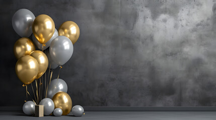 Dark Scene with Gray and Golden Balloons, Room for Text