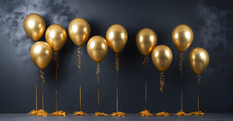 Golden Balloons on Dark Background with Space for Text