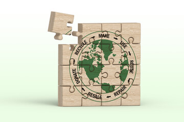 Circular economy icon on incomplete wooden puzzle, make, use, reuse, repair, recycle, donate, resale for sustainable consumption, save the planet zero waste eco concept
