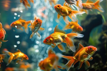 Lively goldfish swimming in a bubbling tank