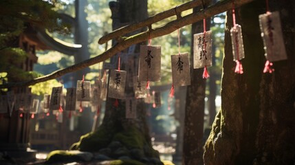 Fototapeta na wymiar japanese fortunes are tied to trees in the temple grounds, copy space, 16:9