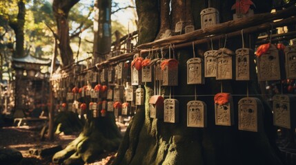 Naklejka premium japanese fortunes are tied to trees in the temple grounds, copy space, 16:9