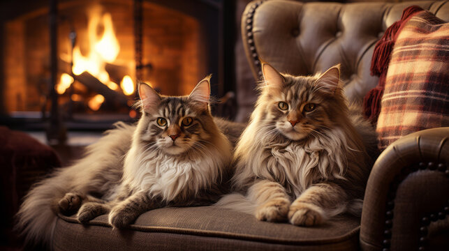 Two large, beautiful fluffy cats (Maine Coons) are sitting comfortably in a huge soft chair with a blanket, with a fireplace burning in the background. Fluffy pets and home