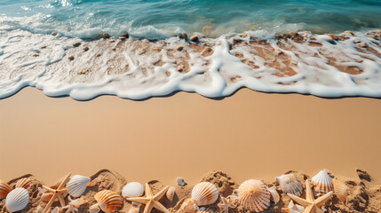 Naklejka na ściany i meble Seabed with different seashells and sea stars, top view