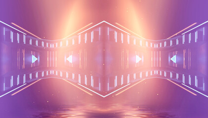 Abstract futuristic neon landscape with palm trees. 3D illustration