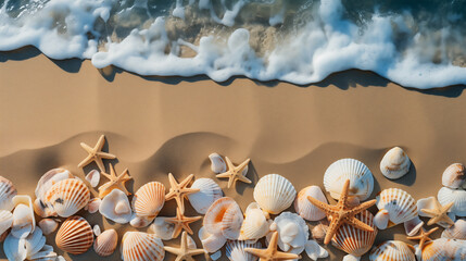 Naklejka na ściany i meble Seabed with different seashells and sea stars, top view