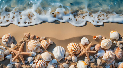 Fototapeta na wymiar Seabed with different seashells and sea stars, top view