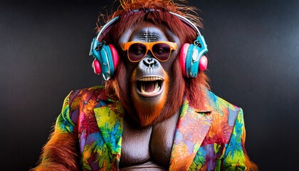 Colorful orang-utan with headphones on black background in retro suit - obrazy, fototapety, plakaty