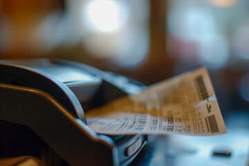 close-up of a payment terminal's receipt slot captures the receipt being dispensed