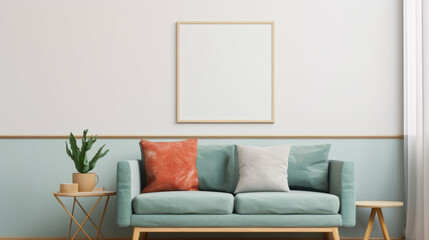 Poster or photography frame mockup on the light color wall in a Boho style interior with sofa and other furniture decor