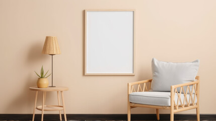 Poster or photography frame mockup on the light color wall in a Boho style interior with sofa and other furniture decor
