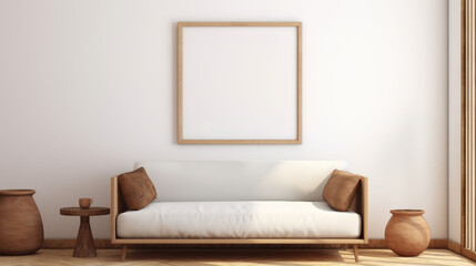 Poster or photography frame mockup on the white wall in a Boho style interior with sofa and other furniture decor 	