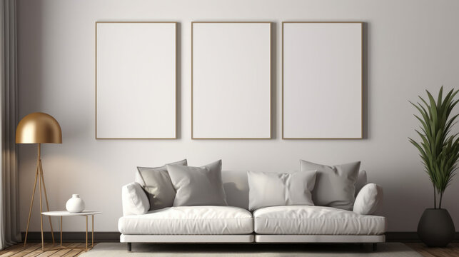 Three poster or photography frame mockup on the white wall in a Boho style interior with sofa and other furniture decor