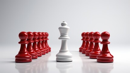 White chess piece standing out from the few of red pawns on isolated white background