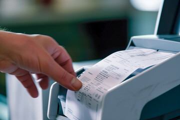 close-up shot captures the transaction receipt being printed from a payment terminal - obrazy, fototapety, plakaty