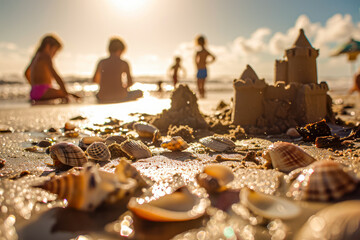 group of friends building sandcastles on the beach, their laughter echoing in the breeze