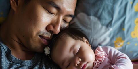 A father napping with his baby girl, both at peace.