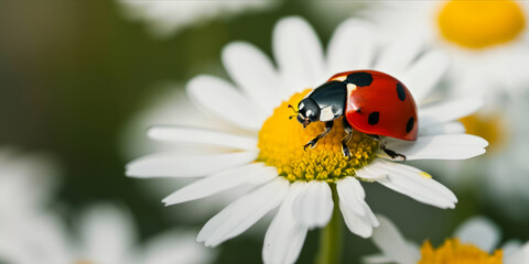 Obraz premium A ladybug on a white daisy with a yellow center.