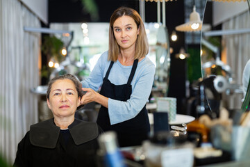 Positive elderly woman visiting professional hair salon. Skilled female hairdresser offering hairstyling to client .