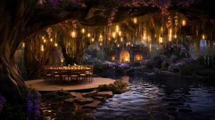 A magical garden oasis d by a tapestry of shimmering lights, evoking a sense of wonder.