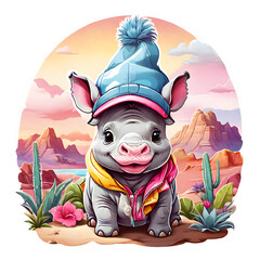 Sticker  watercolor cute cartoon rhinoceros wearing blue hat on nature  background.  Transparent background. 