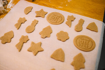 Christmas and New Year celebration traditions. Traditional festive food making, family culinary. Woman cutting cookies of raw gingerbread dough. High quality photo