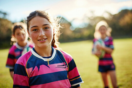 Young female rugby player smiling on the field.
