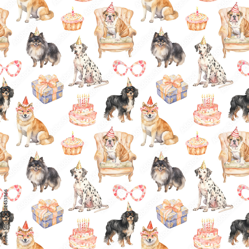 Poster birthday dogs seamless pattern created with generative ai technology