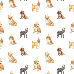 Fototapeta premium Birthday dogs seamless pattern created with Generative AI technology